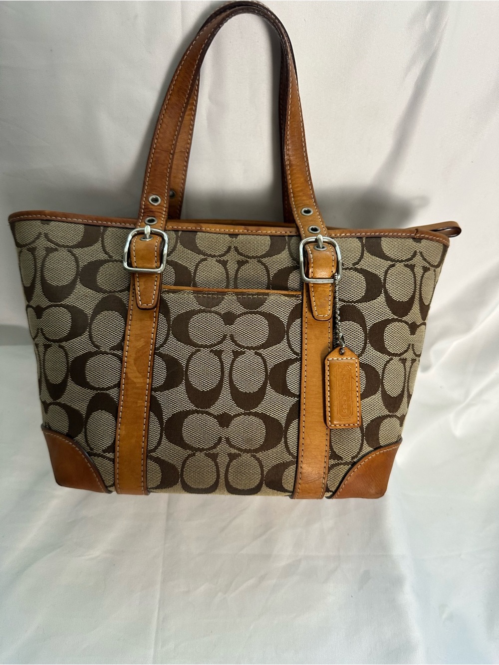 Coach Brown Signature Canvas Tote with Tan Leather Trim